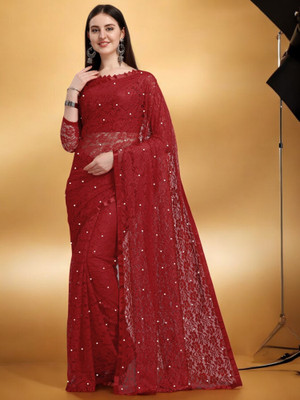 NORAFLEX Embroidered Bollywood Net Saree(Maroon)