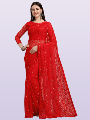 LOROFY Self Design Bollywood Net Saree(Red)