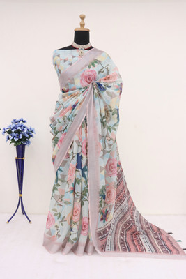 SANJEVAY Floral Print Bollywood Linen Saree(Multicolor)