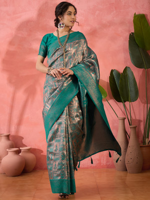 Sangria Woven Saree with Attached Blouse Silk Blend Saree(Green)