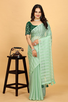 SAADHYA CREATION Embroidered, Solid/Plain Bollywood Chiffon Saree(Light Green)