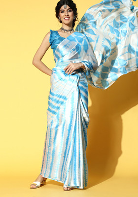 Divastri Printed Bollywood Satin Saree(Light Blue)