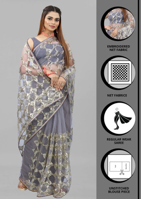 Yashvi Designer Embroidered Bollywood Net Saree(Grey)