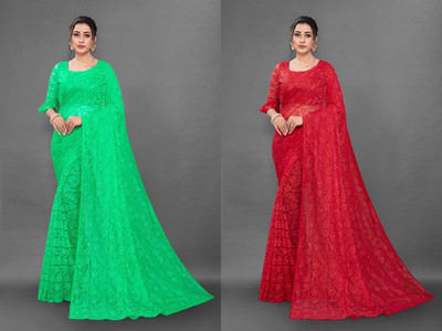 Fashion Field Self Design Bollywood Net Saree(Pack of 2, Green, Red)