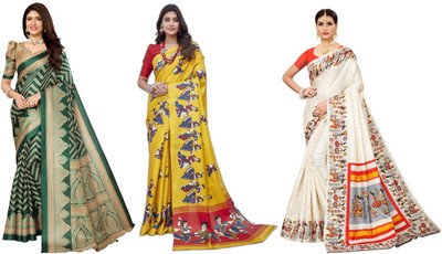 YASHIKA Printed, Woven Kalamkari Art Silk Saree(Pack of 3, Dark Green, Yellow, Cream)
