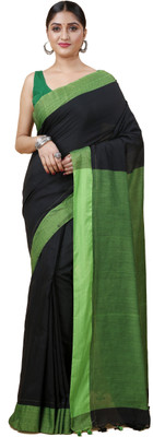 Ruuprekha Solid/Plain Handloom Cotton Blend Saree(Black)