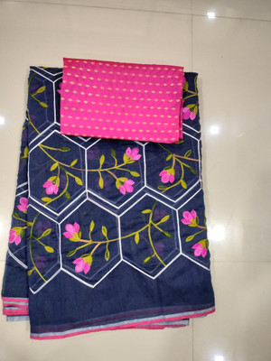 TRIPBILA Embroidered Chanderi Cotton Linen Saree(Blue)