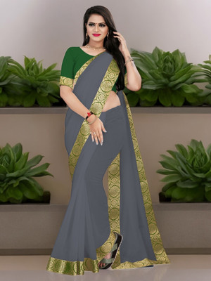 Volmina Solid/Plain Chanderi Cotton Blend Saree(Grey)