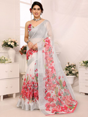 Moda Rapido Printed Bollywood Cotton Blend Saree(White)