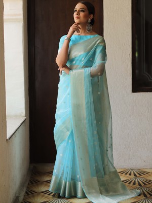 KRIYANSH Embroidered, Self Design, Woven, Printed, Temple Border, Striped Bollywood Jacquard, Organza Saree(Light Blue)