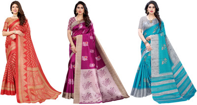 Nirvaan Printed Kalamkari Art Silk Saree(Pack of 3, Red, Purple, Grey, Blue)