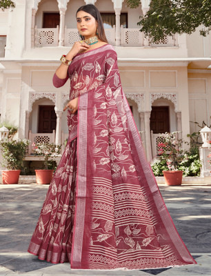 VISHNU Printed Kanjivaram Pure Cotton, Cotton Linen Saree(Maroon)