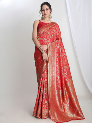 Janasya Woven Banarasi Silk Blend Saree(Red)