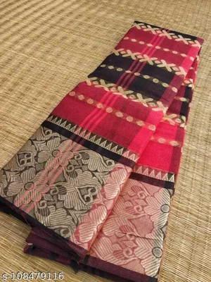 Sthaker Self Design Tant Pure Cotton Saree(Black)