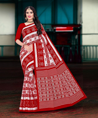 kalyani nx Printed Sambalpuri Pure Cotton Saree(White)