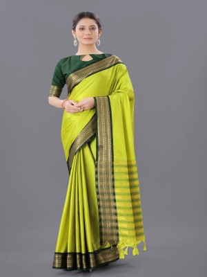 KV Fashion Embellished Banarasi Cotton Silk Saree(Yellow, Green)