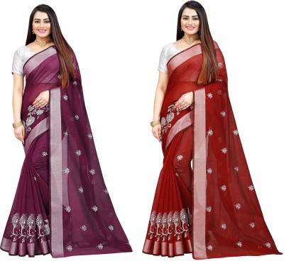 Indian Fashionista Embroidered Bollywood Cotton Silk Saree(Pack of 2, Red)