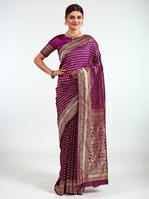 SAREEFLAME Embellished, Self Design, Solid/Plain, Striped, Temple Border, Floral Print, Woven Banarasi Art Silk, Cotton Silk Saree(Purple)