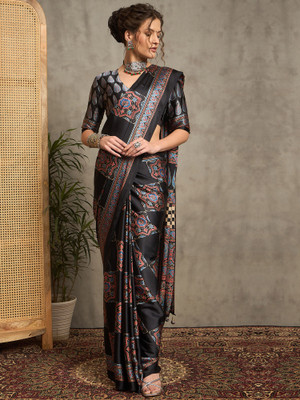 ANOUK Printed Hand Batik Crepe Saree(Black)