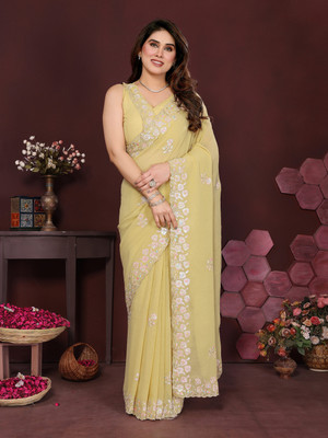 VILLAGIUS Embroidered Bollywood Georgette Saree(Yellow)