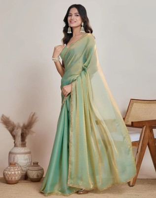 HouseOfCommon Solid/Plain Saree with Attached Blouse Chiffon Saree(Light Green)