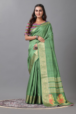 Virendra Textiles Printed Banarasi Cotton Blend Saree(Green)