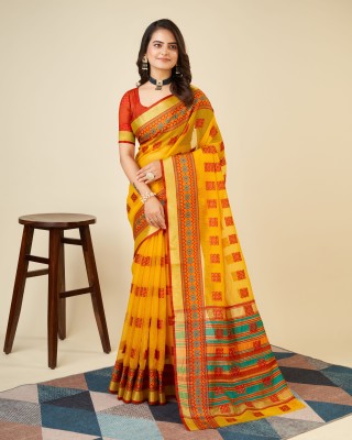 Upalksh Woven, Printed, Solid/Plain, Striped Banarasi Jacquard, Cotton Blend Saree(Yellow)