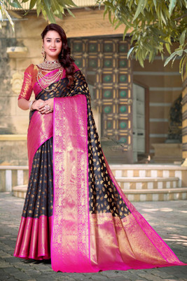 LAVYANSH CREATION Woven, Self Design Banarasi Silk Blend, Jacquard Saree(Black)