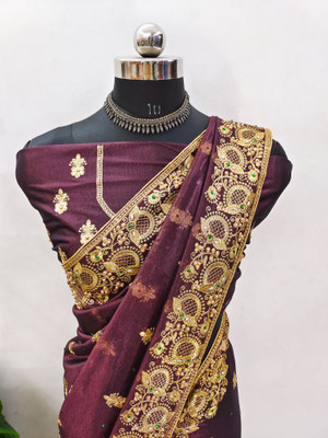 Mikhushop Embroidered Bollywood Supernet Saree(Maroon)
