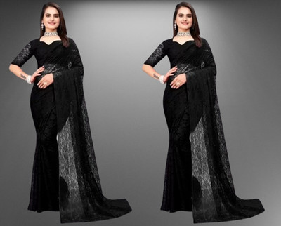 online bazaarr Self Design Bollywood Net Saree(Pack of 2, Black)