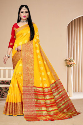 Durga Embellished Maheshwari Silk Blend Saree(Yellow)