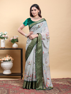 DHANLAXMISAREE Printed Kalamkari Linen Saree(Multicolor)