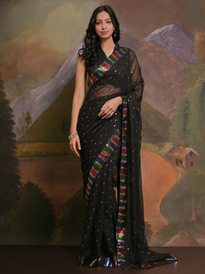 Sangria Embellished Daily Wear Georgette Saree(Black)