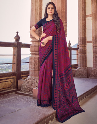 all about you Printed Daily Wear Crepe Saree(Magenta, Dark Blue)