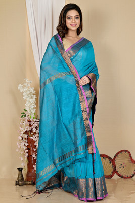 PuJoy Solid/Plain, Self Design Handloom Cotton Silk Saree(Blue)