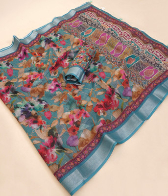 Mugdarra Geometric Print Bollywood Linen Saree(Multicolor)