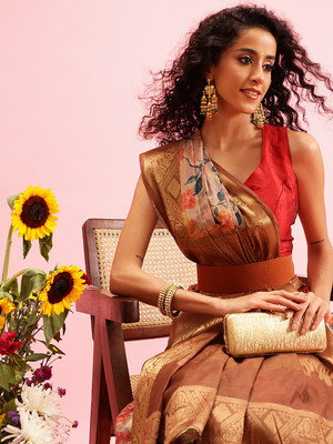 SILK ZONE Digital Print Banarasi Cotton Blend Saree(Beige)