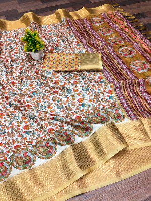 nirave fashion Digital Print, Temple Border Banarasi Pure Silk Saree(Beige)