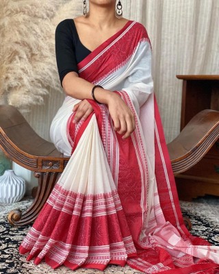 Rp saree center Self Design Handloom Cotton Blend Saree(White)