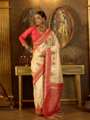 Tasrika Woven, Self Design Banarasi Pure Silk, Jacquard Saree(Cream)