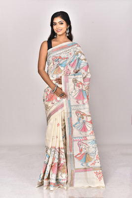 Ramshyam Collection Woven Kantha Pure Silk Saree(Cream)