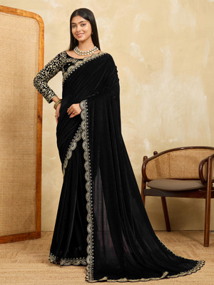 hutah Embroidered Mysore Velvet, Art Silk Saree(Black)