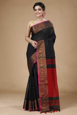 Sampa Das Woven Handloom Cotton Silk Saree(Black, Red)