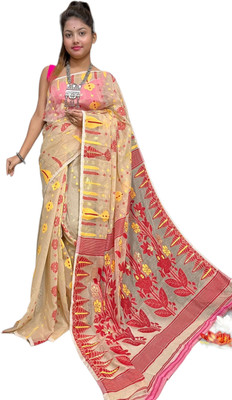 basak creation Woven Jamdani Cotton Blend Saree(Multicolor)