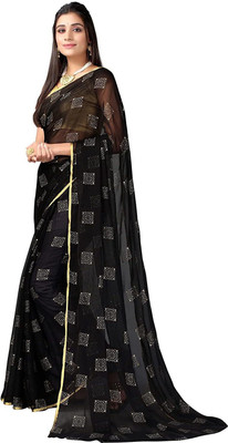 HouseOfCommon Printed Bollywood Net, Chiffon Saree(Black)