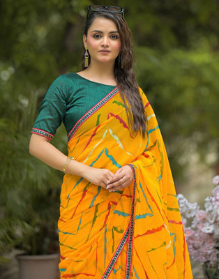 Samah Printed Leheria Georgette, Chiffon Saree(Yellow)