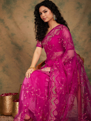 Divastri Embroidered Chanderi Net Saree(Pink)