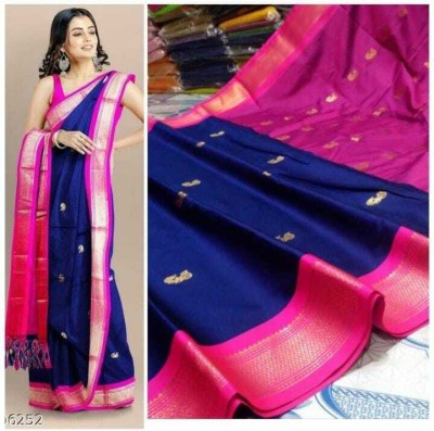 Fab Silk Woven Paithani Cotton Silk Saree(Dark Blue, Pink)