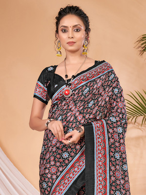 Divastri Digital Print Chanderi Silk Blend Saree(Black)