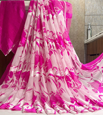 Pionex Floral Print Bollywood Satin Saree(Pink)